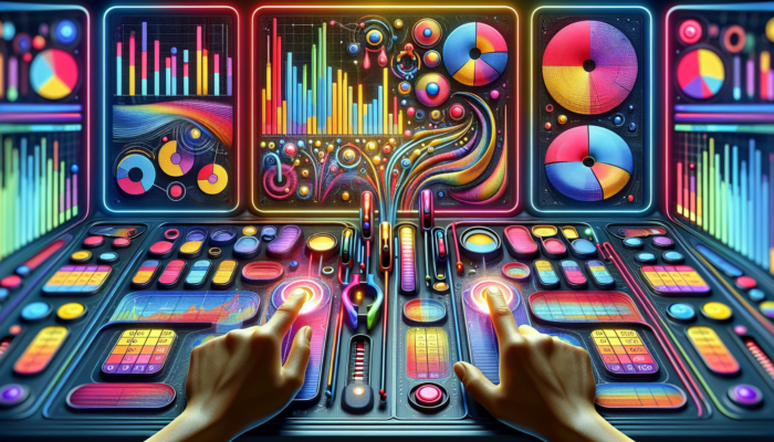 Futuristic dashboard illustrating graphs, KPIs, and hands adjusting sliders for A/B testing in paid social media.