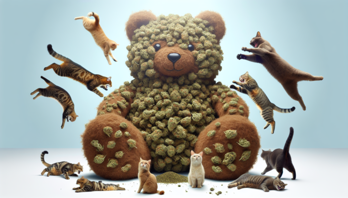 A fluffy brown bear toy filled with catnip, surrounded by playful cats.