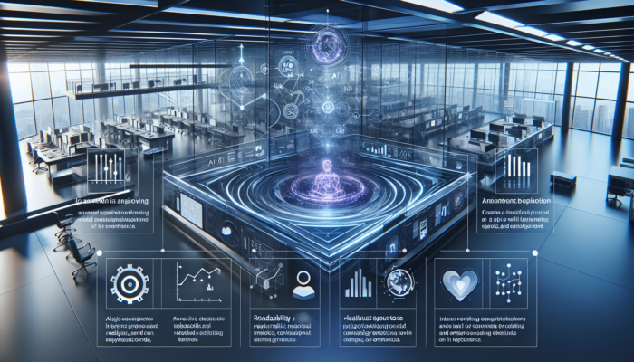 A futuristic workspace with a holographic AI interface optimising content for SEO, showing graphs on readability, keywords, and emotional tone.