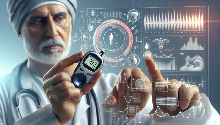 Individual using a glucose meter, with charts illustrating blood sugar trends, while a doctor adjusts treatment plans.
