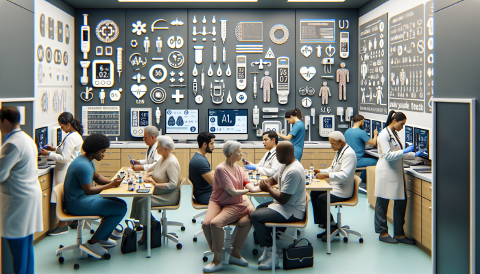Diverse group undergoing various diabetes tests in a modern medical clinic with medical equipment and informative posters.