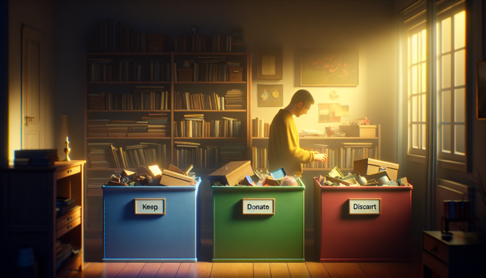 Individual sorting sentimental items into 'keep', 'donate', 'discard' boxes in a softly lit room, reflecting on memories.