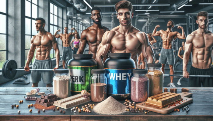 A table displaying various protein supplements like whey, plant-based powders, and bars, set against a gym background.