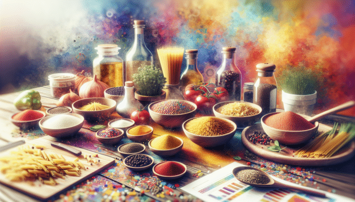 Vibrant grains and pasta accompanied by spices and herbs in a lively kitchen, ready for innovative cooking.