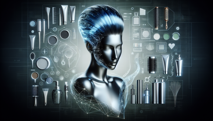 A woman showcasing sleek, luminous glass hair, styled elegantly, with premium hair care products displayed in the background.