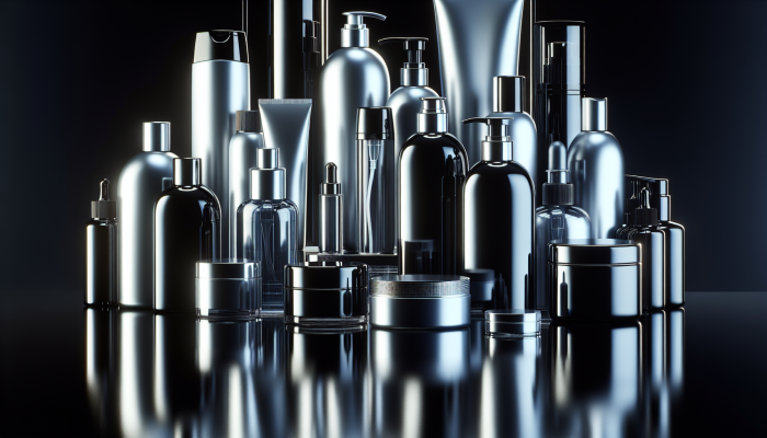 A display of sleek, shiny glass hair with various hair care products on a glossy black surface.