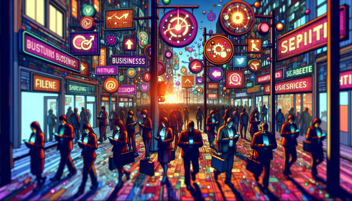 A bustling street showcasing diverse business signage that draws the attention of smartphone users via Google Business Categories.