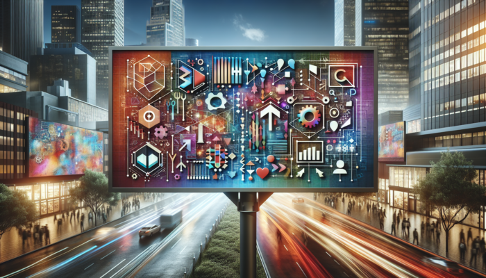 A digital billboard showcasing Google Business Categories with strategic selection and audience targeting analytics in an urban landscape.
