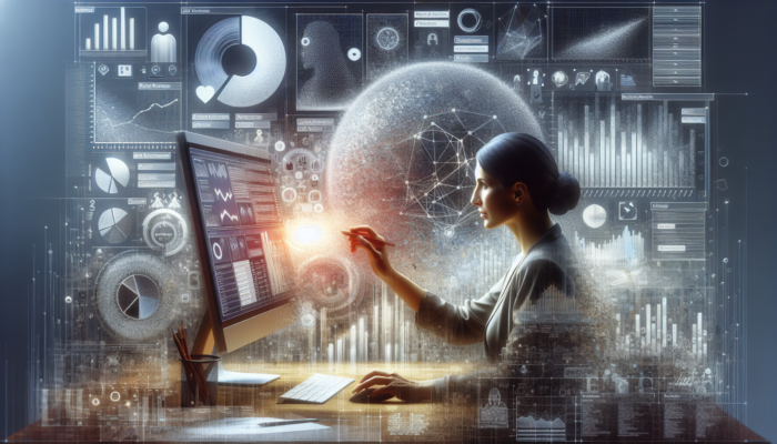 Business owner updating Google Business Categories on a computer, surrounded by charts, feedback, and industry trends.