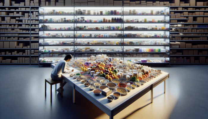 A person organising diverse items into labeled categories on a table, with neatly sorted shelves around.