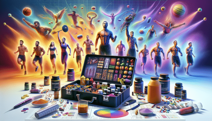 A toolkit labelled "Recovery Stacks" filled with supplements, surrounded by athletes showcasing muscle recovery and vitality.