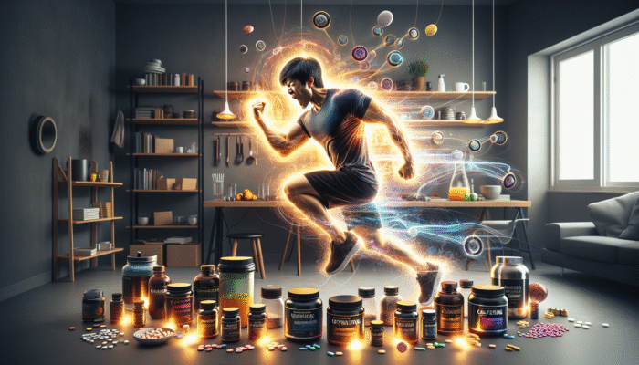 Supplements for Home Workouts: Individual intensely working out at home with caffeine pills and energy drinks, demonstrating increased focus and stamina.