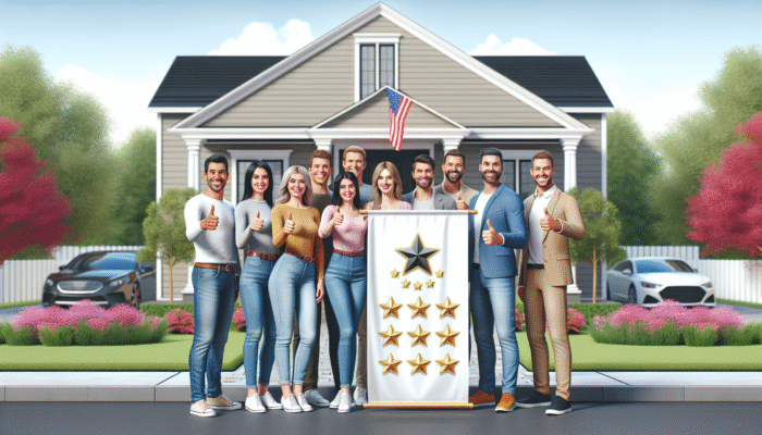 Satisfied homeowners expressing their approval in front of their residence, showcasing a banner featuring top-rated home service logo and reviews.