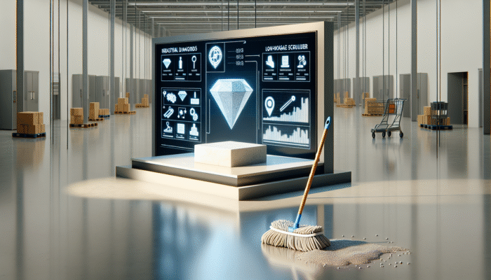 Industrial diamond tools and low-moisture scrubbers delicately treating stone, creating a lasting shine, in contrast to a supermarket mop.