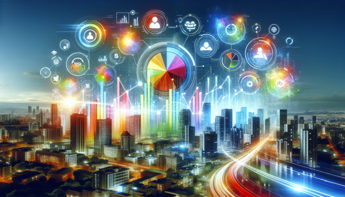 A vibrant Bing business profile illustrating graphs indicating increased traffic and consumer trust, set against a lively urban backdrop.