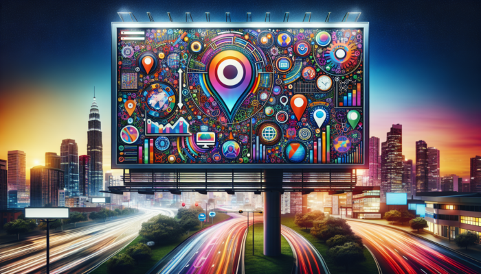 A vibrant digital billboard displaying "Boost Your Local SEO with Bing My Business" alongside SEO icons set against a cityscape at twilight.