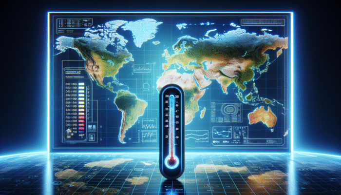 Digital thermometer displayed on a global map, demonstrating consistent readings across climates for standardised healthcare monitoring.