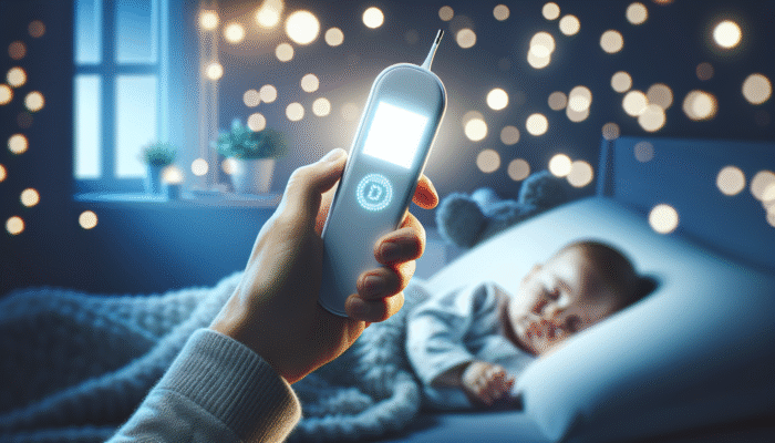 A digital thermometer with a large, backlit display showing temperature, held by a parent checking a sleeping infant at night.