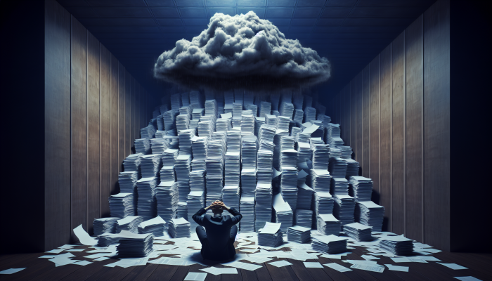 Debt Consolidation And Self-Esteem Recovery: A Guide to Financial Wellness | DCL A person overwhelmed by debt, surrounded by bills, with a dark cloud symbolising anxiety and depression.