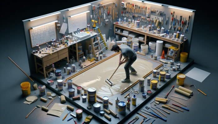 Person applying waterproof sealant with tools and materials in an organised workspace.
