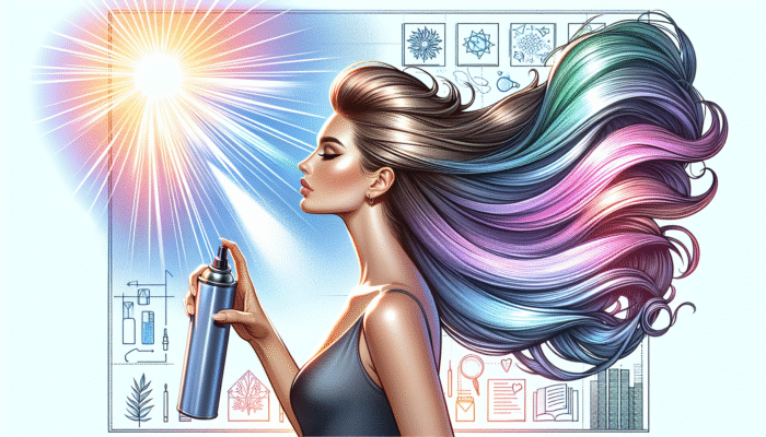 Individual applying UV protection hairspray outdoors, showcasing vibrant, glossy hair under bright sunlight and a gentle breeze.
