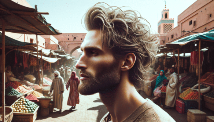 Man with textured hair styled with matte pomade in the bustling markets of Marrakech, highlighting a natural look in windy conditions.