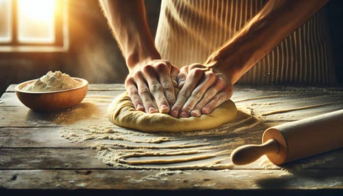 Chef's hands kneading pizza dough on a rustic table, flour in the air, in a sunlit kitchen.