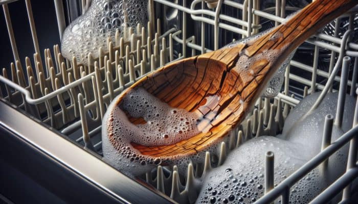Wooden spoon cracked and warped next to running dishwasher, showcasing damage from heat and moisture.