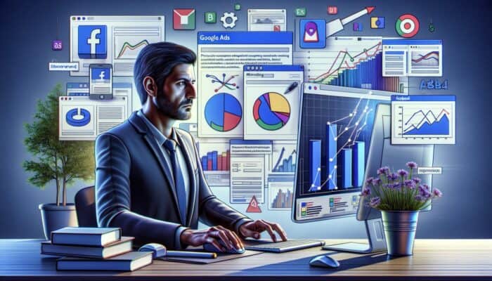 Marketer setting up A/B test on a computer, focusing on Google Ads and Facebook Ads interfaces with result graphs.