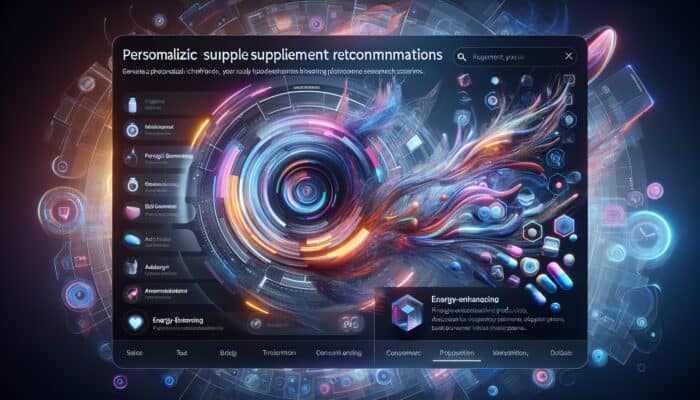 A futuristic AI interface displaying personalised energy-boosting supplement recommendations informed by user data and search behaviours.