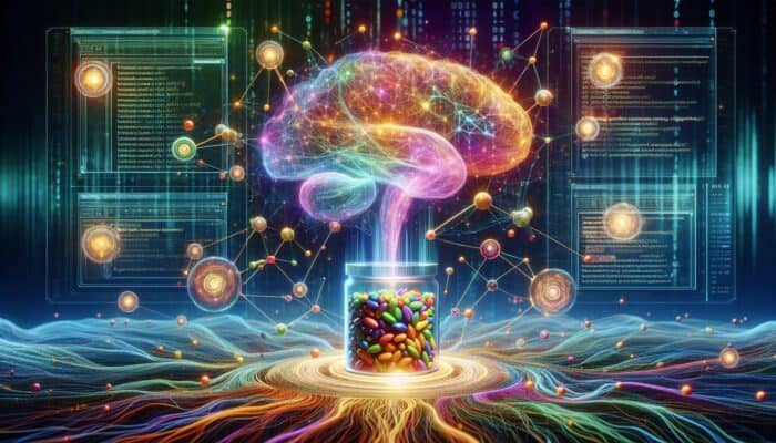 A radiant neural network processing data into personalised supplement bottles, focusing on plant-based protein options.