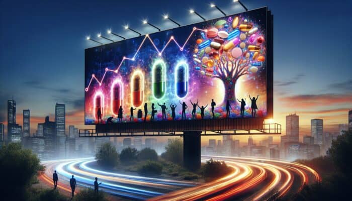 A digital billboard featuring personalised supplement advertisements, graphs illustrating rising conversion rates, and satisfied customers with products, set against a modern cityscape at dusk.