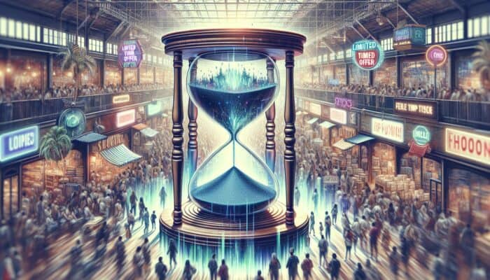 A lively marketplace featuring a "Limited Time Offer!" sign and a countdown timer, demonstrating urgency and FOMO.