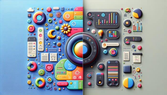 A split-screen image displaying a colourful circular button for a children's application and a muted rectangular button for a financial services firm.