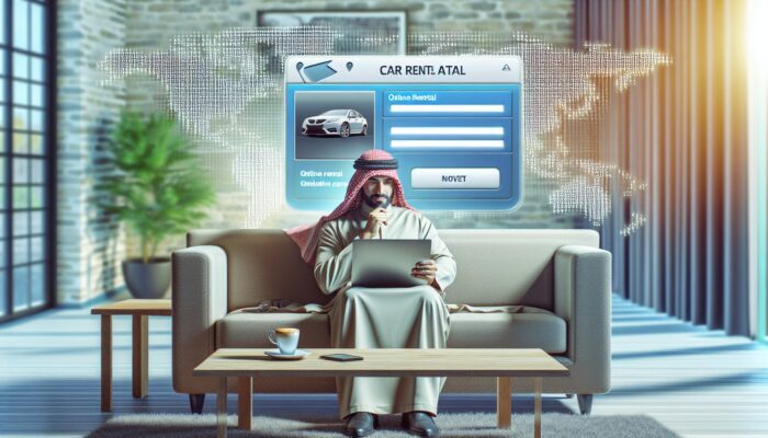 Individual booking a car rental online from the comfort of their living room, accompanied by a laptop, latte, and world map.