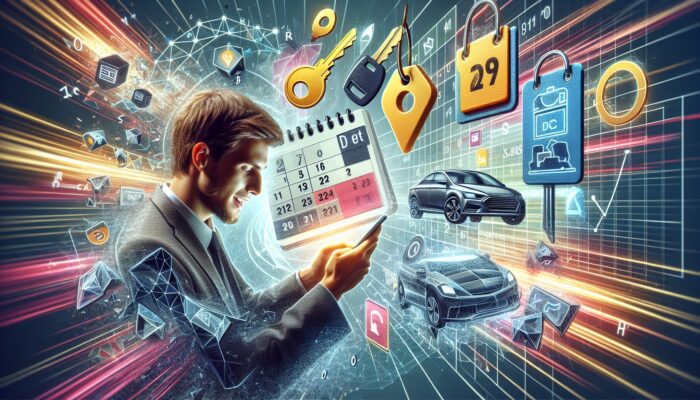 Individual checking email on smartphone with car keys, discount tags, and promotion calendar icons on a lively digital background.