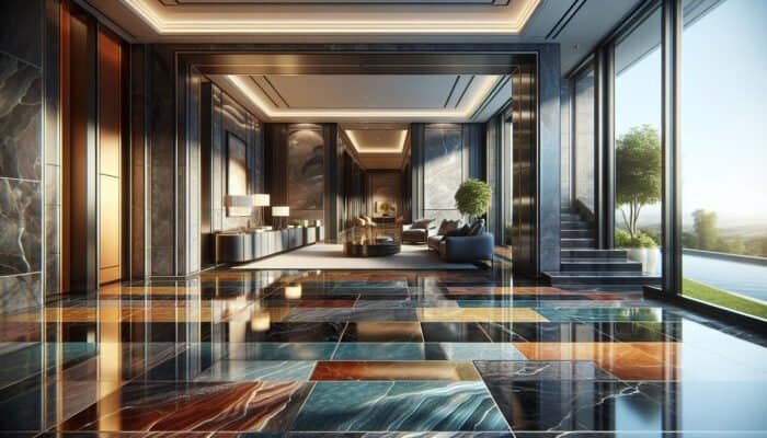 Sophisticated interior featuring glossy polished slate floors in various colours, enhancing the elegance of a home in Barnes Cray.