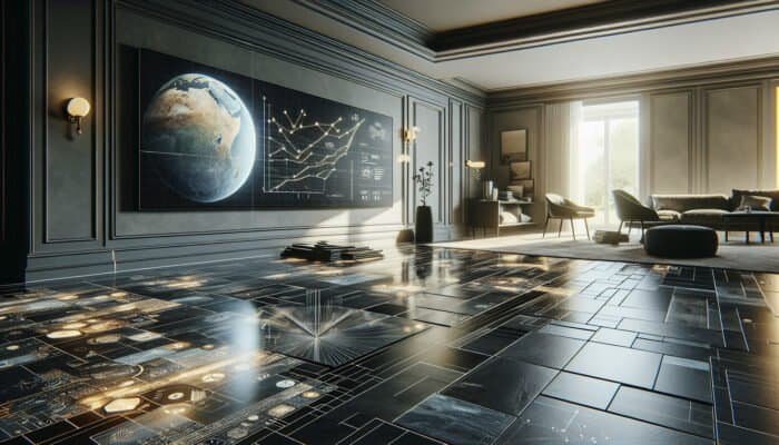 Polished slate flooring installation in a modern living room, highlighting the reflective surface and tile laying process.