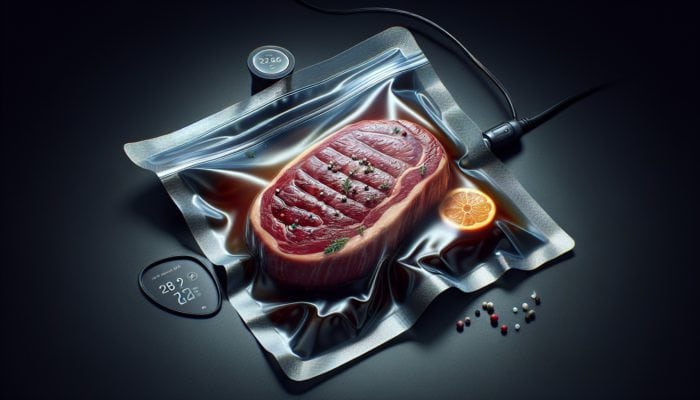 A perfectly cooked sous vide steak with tender interior and a seared crust, accompanied by a vacuum-sealed bag and water bath.