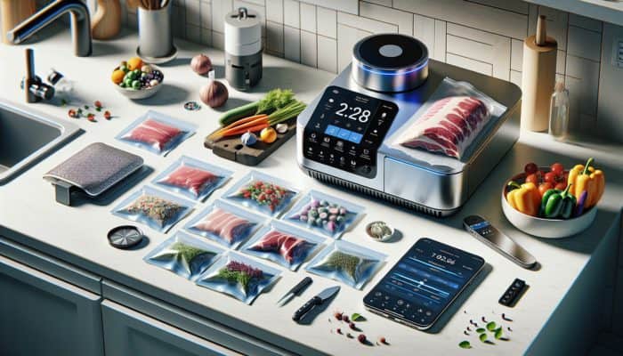 Essential sous vide cooking equipment including a precision cooker, vacuum-sealed bags, digital thermometer, and smartphone app on a kitchen countertop.