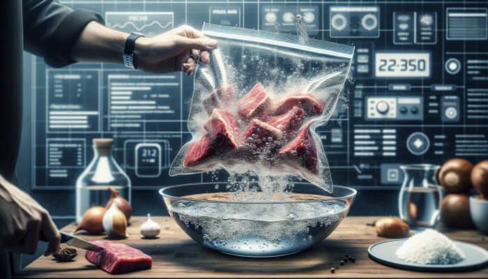 Zip-lock bag containing marinated steak submerged in water, expelling air for sous vide cooking.