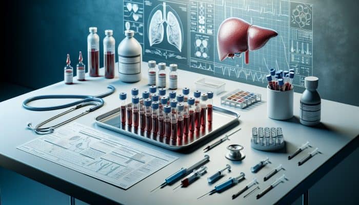 Medical setup showcasing blood vials, liver diagram, and tools for liver blood test.