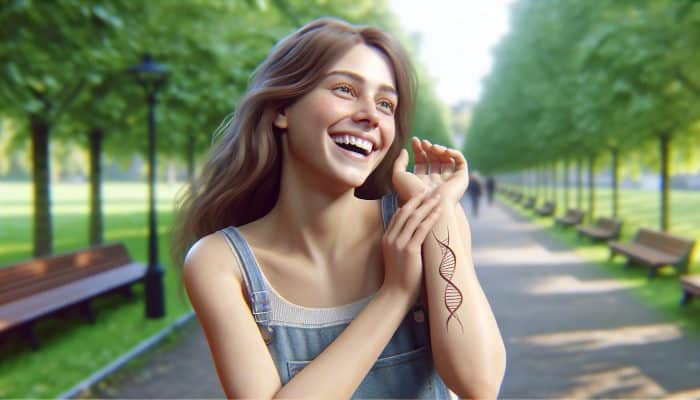 Individual walking in a park, smiling, with a healing bruise on arm, post-liver blood test recovery.