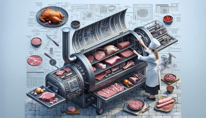 Diagram of a smoker with labelled parts, meats at various smoking stages, and a chef adjusting settings.