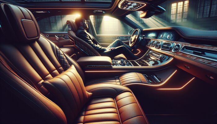 A person relishing luxurious leather seats, ambient lighting, and a sophisticated sound system in a high-end car.