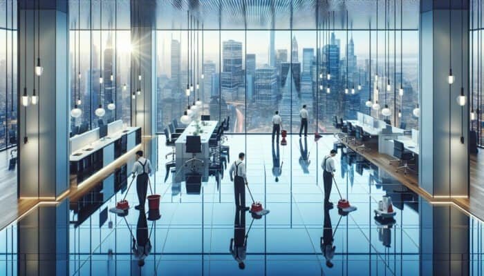 A sparkling office with professional cleaners at work, reflecting a city skyline.
