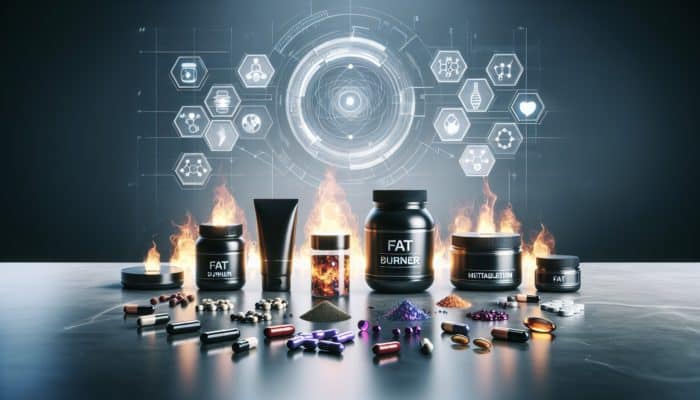 Exploring the Safety of Fat Burners for Athletes: Various forms of fat burner supplements displayed on a modern table alongside metabolism symbols.