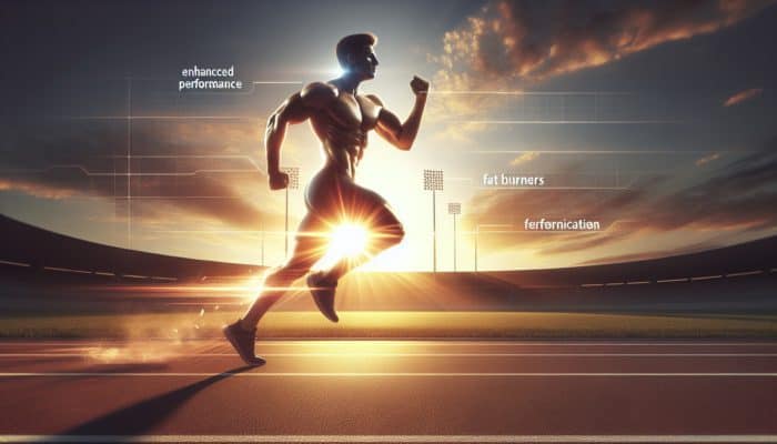 Athlete showcasing a lean physique, running at sunset on the track, enhanced by fat burners.