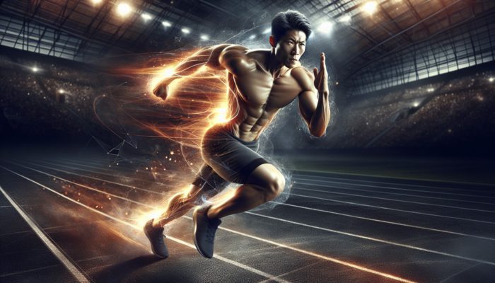 Focused athlete sprinting, lean muscles highlighted, radiating energy representing fat burning and metabolic efficiency.