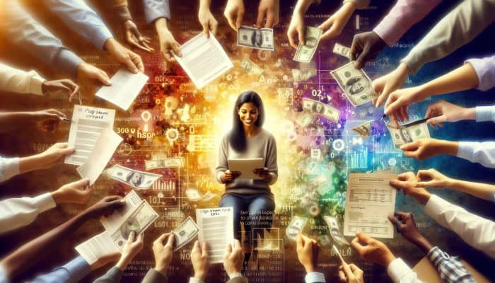 How to Use Budgeting Tools with Debt Consolidation: A Comprehensive Guide | DCL Person consolidating high-interest credit card bills into one loan, symbolising financial relief.